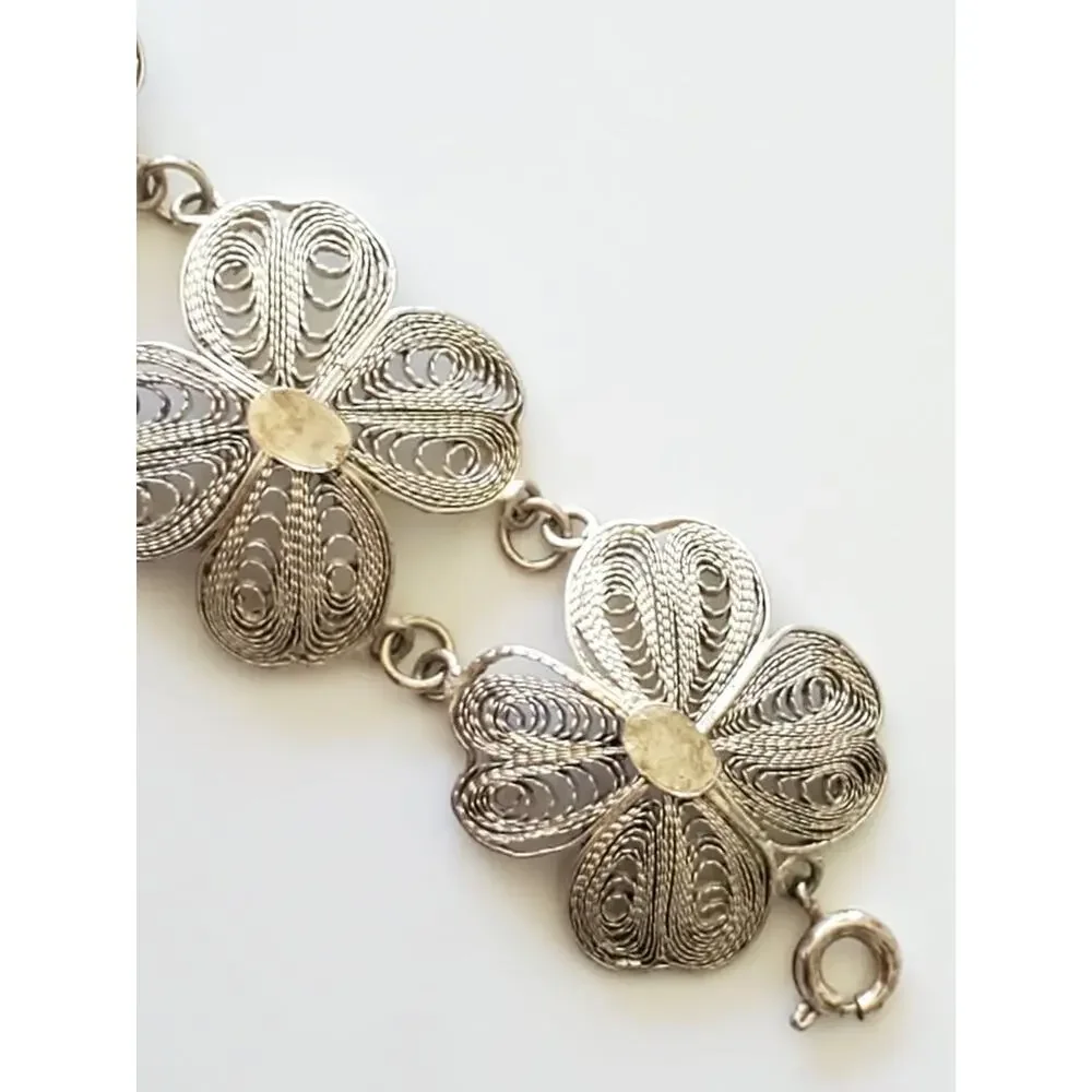 Vintage Silver Filigree Four Clover Link Bracelet – 6.25 in